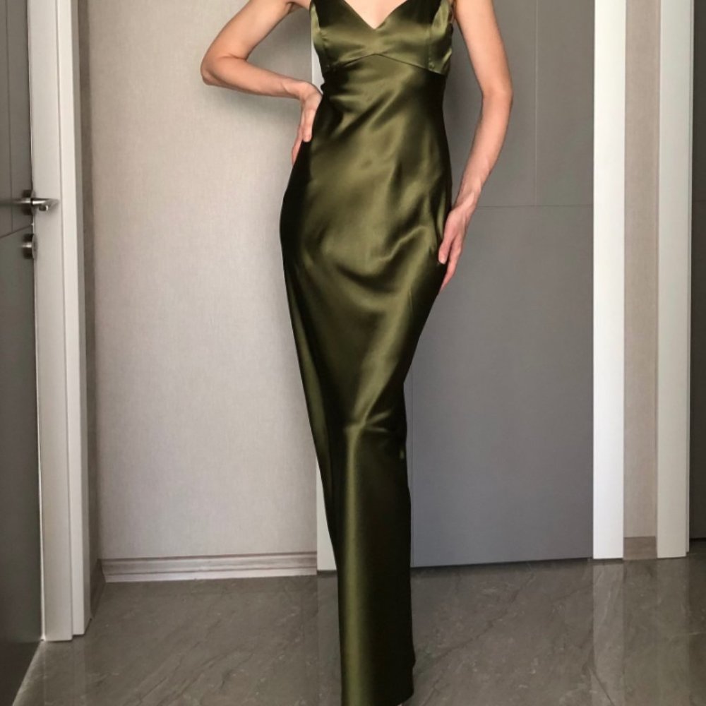 Bias-Cut Silk-Satin Gown in Olive Sheen